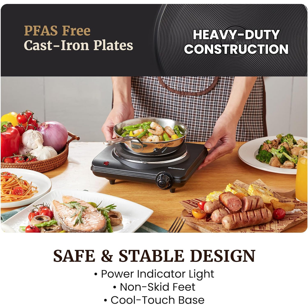 Elite Gourmet Countertop Electric Burner, 1000W Cast Iron Hot Plate, 7 Heat Settings, Portable Cooktop for RV, Dorm, Office & Small Kitchens, Road-Ready & Compact