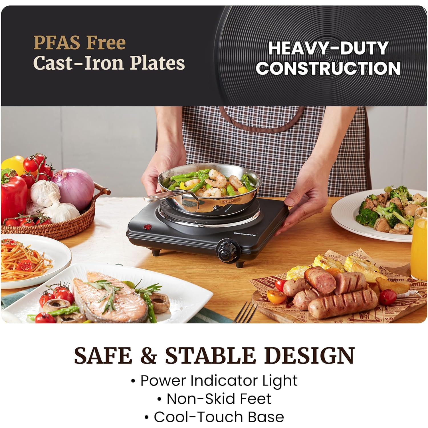 Elite Gourmet Countertop Electric Burner, 1000W Cast Iron Hot Plate, 7 Heat Settings, Portable Cooktop for RV, Dorm, Office & Small Kitchens, Road-Ready & Compact