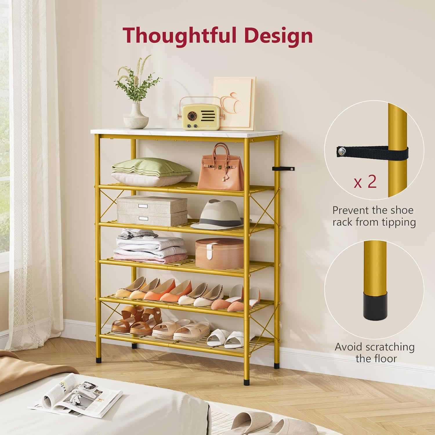 Tajsoon 6 Tier Shoe Rack Organizer for 20-24 Pairs of Shoes, Metal Mesh Shoe Shelf for Closet, Industrial Shoe Rack for Entryway Shoe Storage with X Shape Fixed Frame, White & Gold