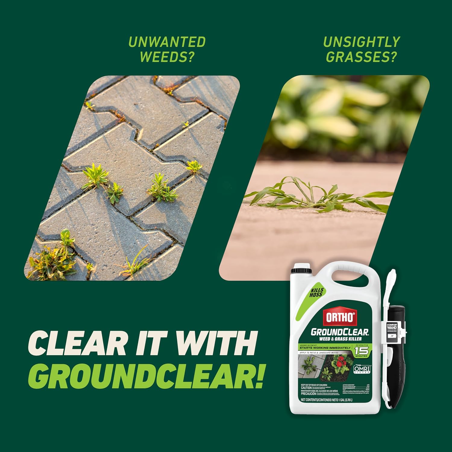 Ortho Groundclear Weed & Grass Killer With Comfort Wand, 1 Gal. | Kills Dandelions, Chickweed, Crabgrass, Moss & More, Omri Listed, Ready-To-Use Grass And Weed Killer Spray