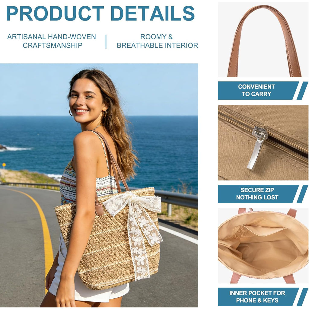 Straw Beach Tote Bag For Women - 2026 Large Handwoven Summer Vacation Purse Zipper For Travel Shopping Essentials