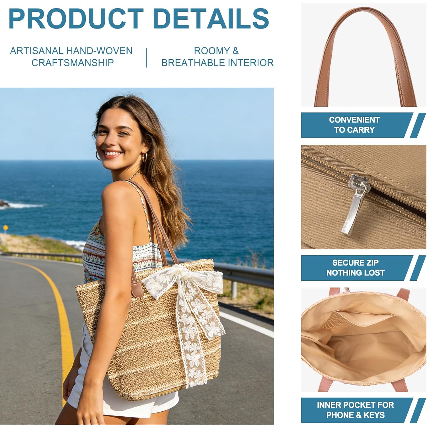 Straw Beach Tote Bag For Women - 2026 Large Handwoven Summer Vacation Purse Zipper For Travel Shopping Essentials