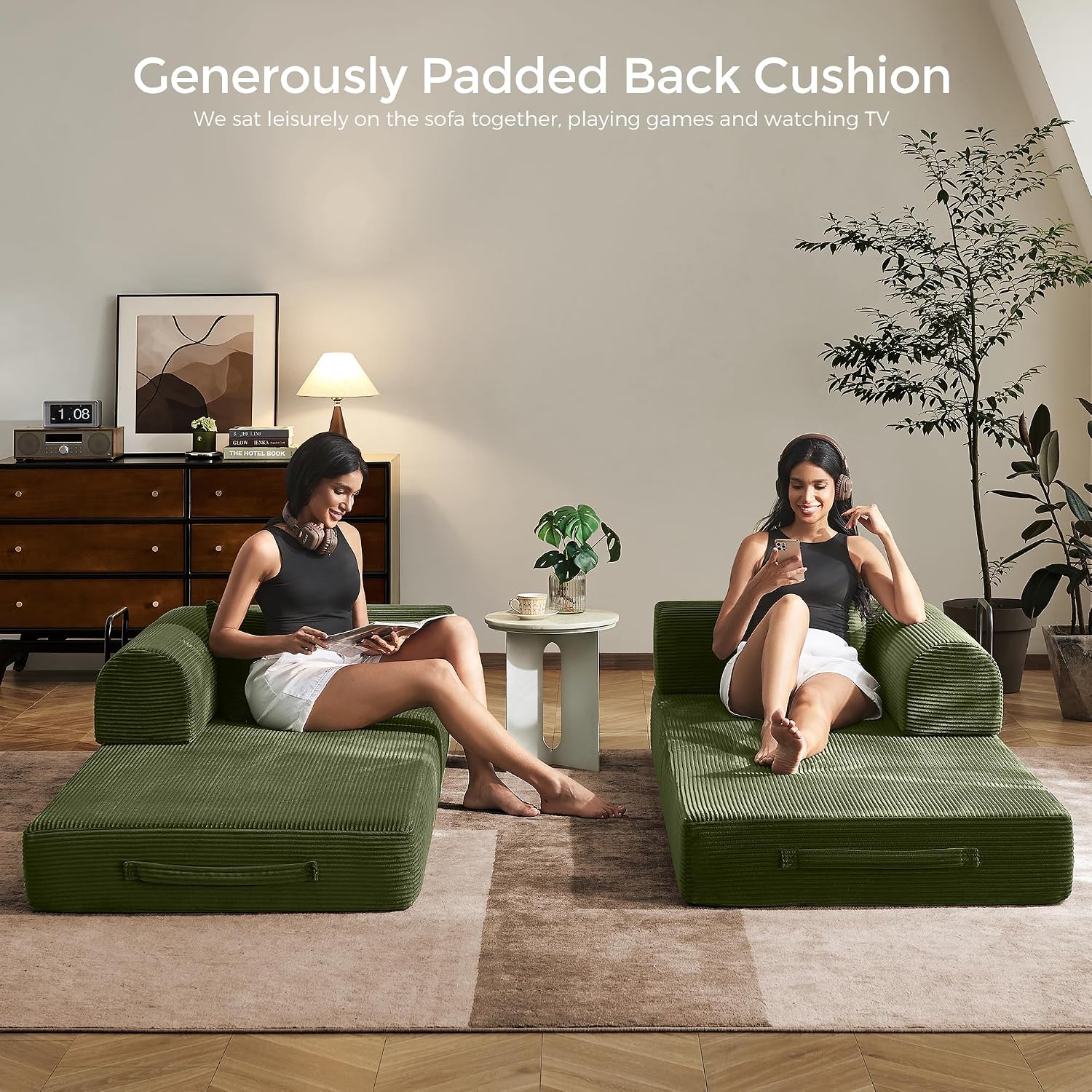 79" Convertible Sofa Bed With Fixed-Shape Frame & Removable Armrests, Modular Corduroy Sleeper Sofa, Folding Mattress Couch For Small Spaces - No Assembly Needed In Green (Includes 2 Pillows)