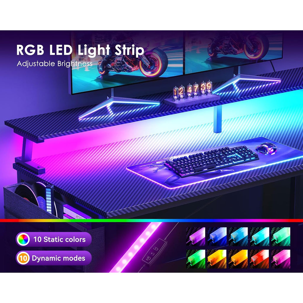 Odk 48 Inch Gaming Desk With Usb Charging Ports And Led Lights, Reversible L Shaped Computer Desk With Storage Shelves & Monitor Stand, Corner Gamer Desk Table With Power Outlets, Black