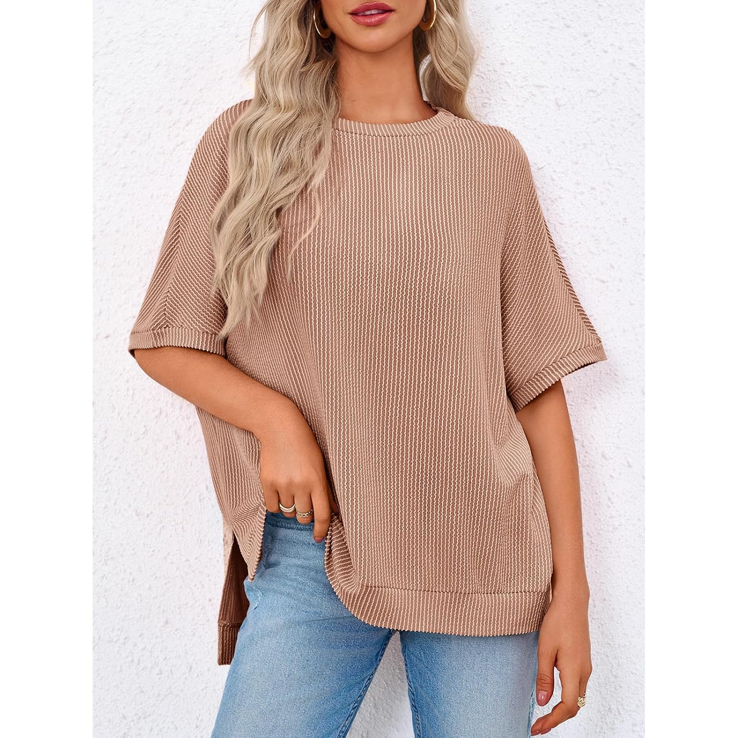 Tankaneo Womens Oversized T Shirts Summer Casual Ribbed Batwing Short Sleeve Tunic Tops Loose Fit Dolman Sleeve Tees