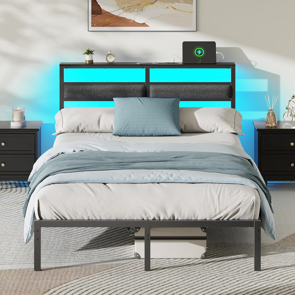 Full Size Bed Frame With Headboard, Bed Frame Full Size With Led Light And Charging Station, Black Metal Platform Bedframe And Storage Shelf, No Box Spring Needed, Noise Free
