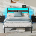 Full Size Bed Frame With Headboard, Bed Frame Full Size With Led Light And Charging Station, Black Metal Platform Bedframe And Storage Shelf, No Box Spring Needed, Noise Free