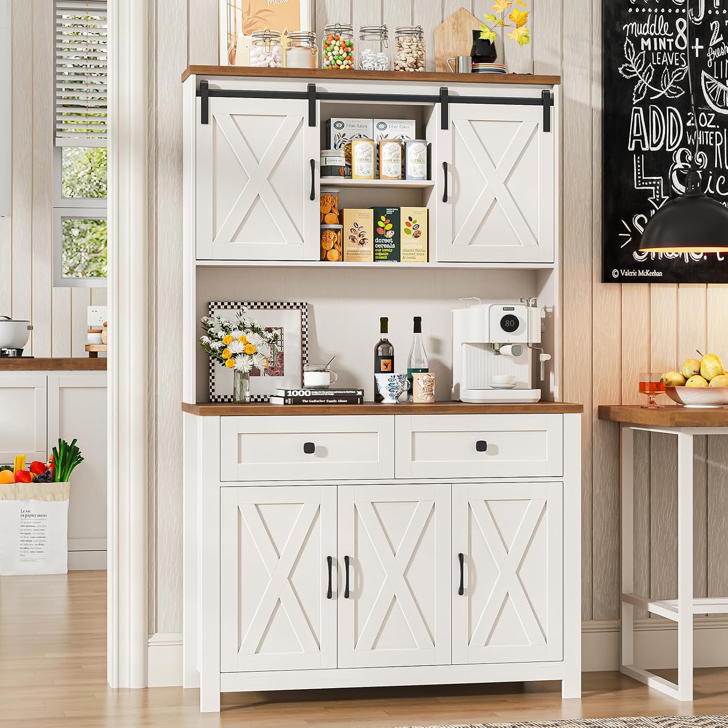 67.7 Inch Farmhouse Pantry Storage Cabinet With Sliding Barn Doors, 2 Drawer Farmhouse Coffee Cabinet With Adjustable Shelf, Side Board With Buffet Cupboard For Livingroom Kitchen, White