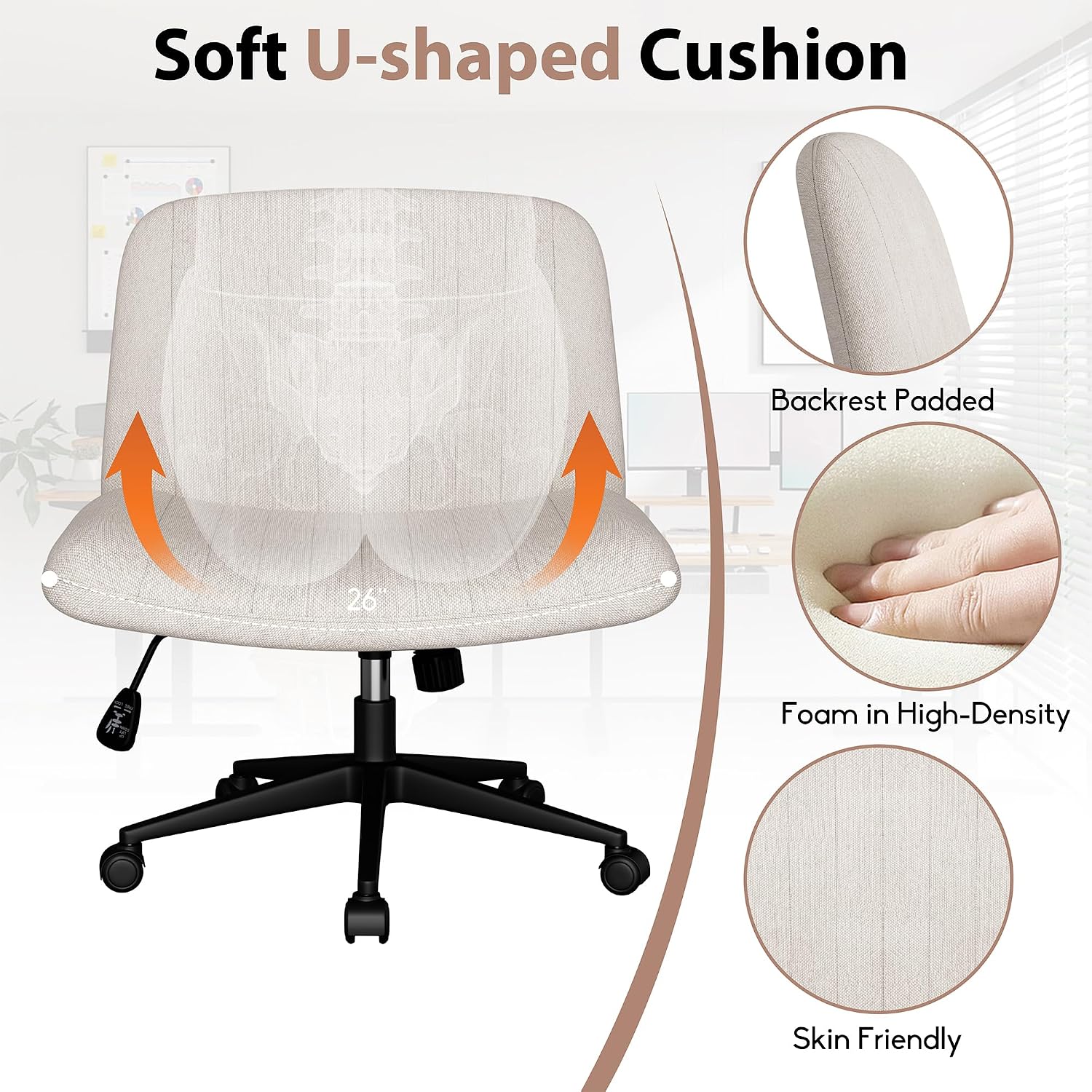 Cross Legged Office Chair, Armless Wide Chair'S For Vanity Desk, Criss Cross Comfy Chairs With Back, Desk Chair/S Of Height Adjustable Swivel, White