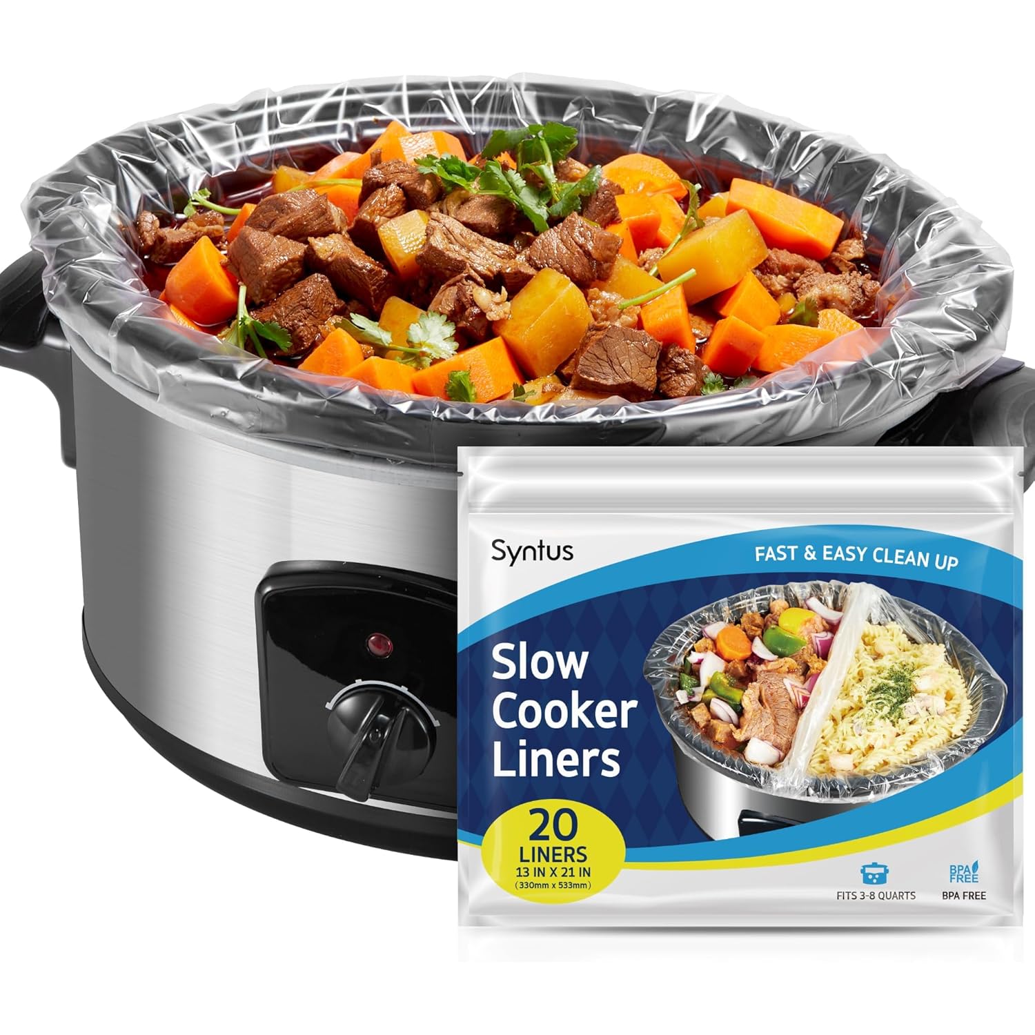 Syntus Crock Pot Liners, 20 Count 13" x 21" Large Size Slow Cooker Liners Fits 3-8 Quart Pots, Disposable Cooking Bags Suitable for Oval & Round & Retangular Crock Pot
