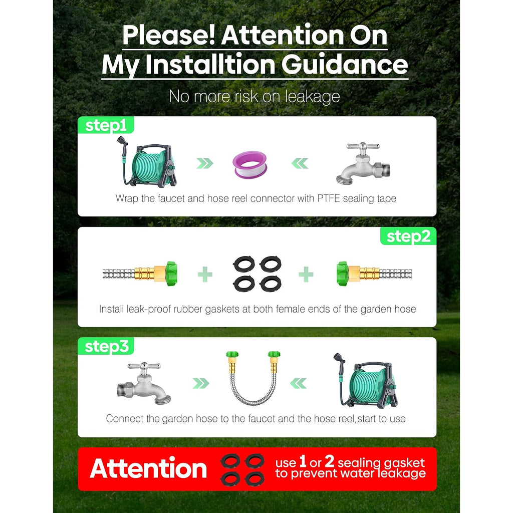 Short Metal Garden Hose 3 Ft With Female To Female Connector， Stainless Steel Small Leader Hose For Hose Reel, Long, Flexible, Lightweight & Heavy Duty Water Pipe, Outdoor Water Hose Extension Adapter