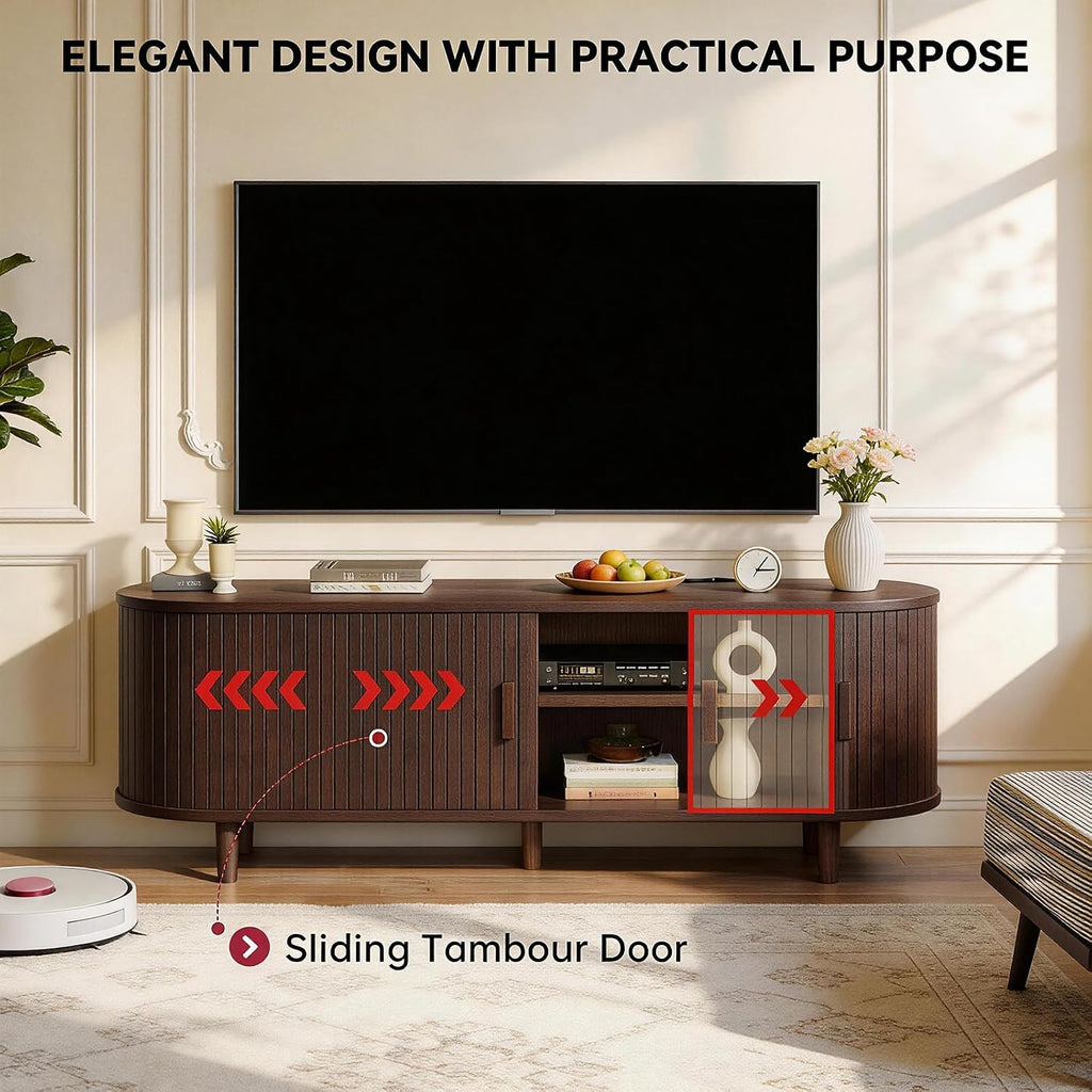 65" Mid Century Modern Tv Stand With Power Outlet, Fluted Entertainment Center With Storage And Adjustable Shelves, Wood Tv Console With Sliding Doors For Living Room, Walnut