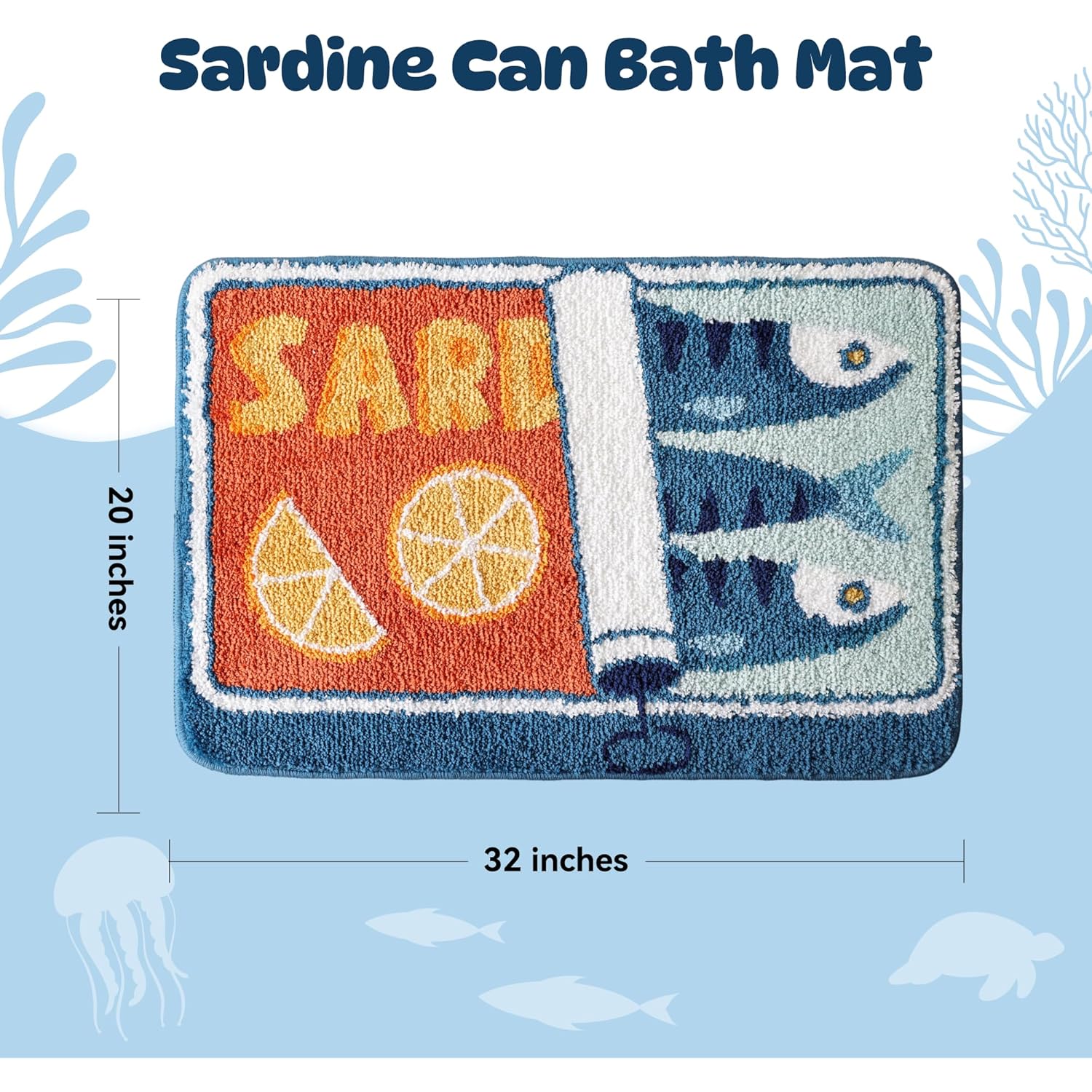 TRUEDAYS Sardine Can Bath Mat, Blue Bathroom Rugs for Bedroom, Soft Washable Rug Non Slip Cute Kitchen Bath Mats for Bathroom Funny Cartoon Fish and Lemon