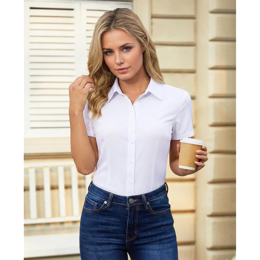 Button Down Shirts For Women Short Sleeve Dress Shirt Stretch Wrinkle Free Business Casual Office Blouse Work Tops