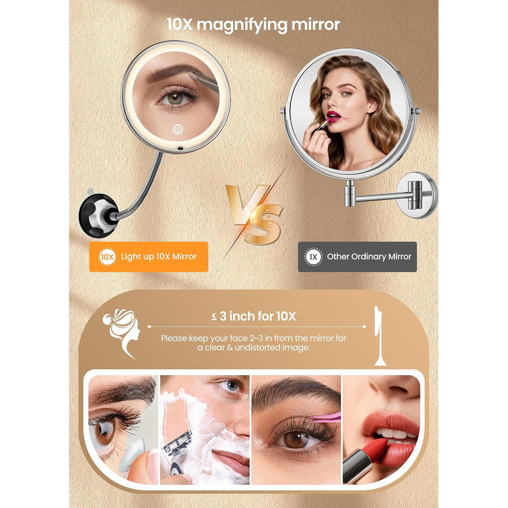 10X Makeup Mirror With Lights, Flexible Magnifying Mirror 3 Light Modes | Wall-Mounted Lighted Vanity Makeup Mirror, Cordless Battery Operated Led Mirror With Suction Cups For Shower Bathroom