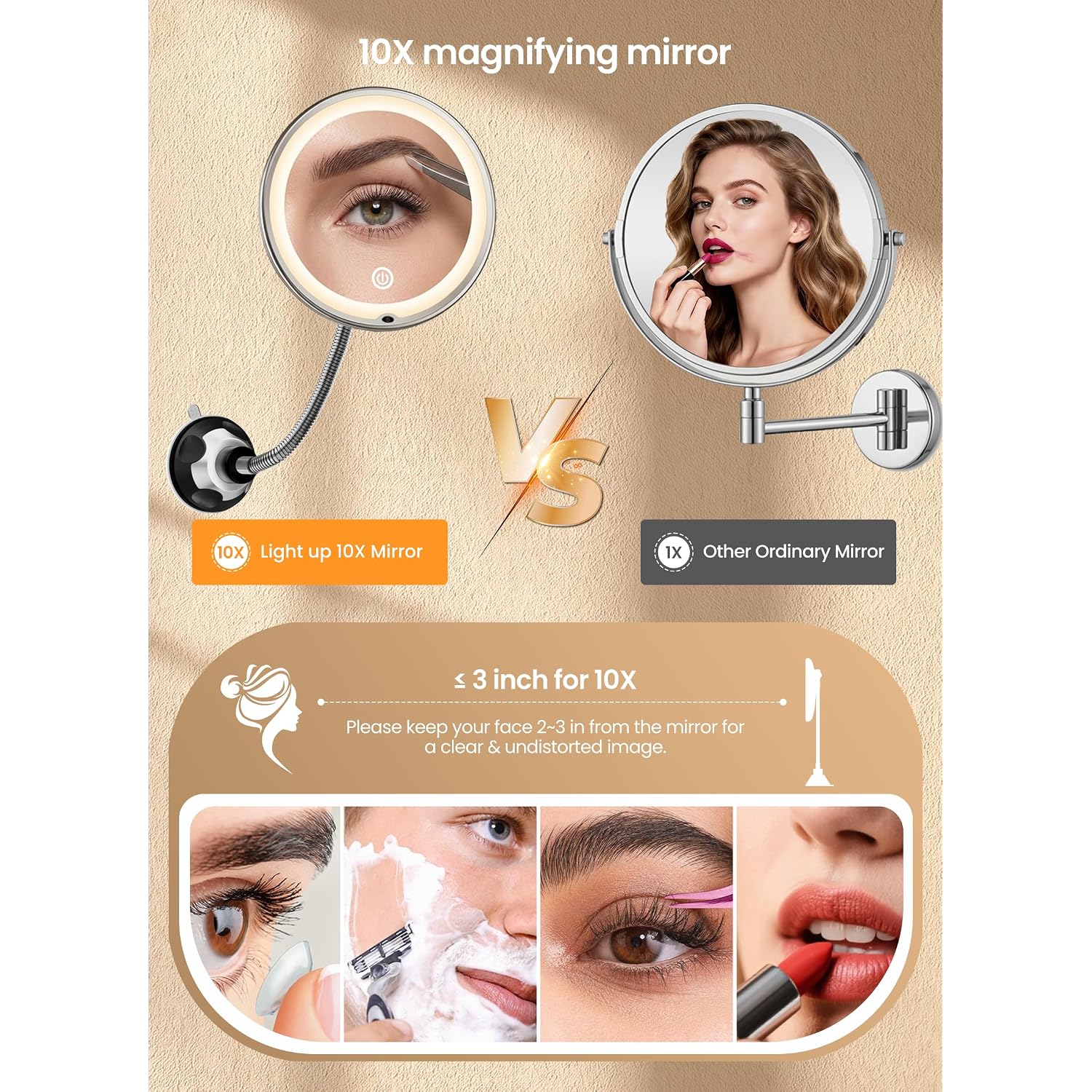 10X Makeup Mirror With Lights, Flexible Magnifying Mirror 3 Light Modes | Wall-Mounted Lighted Vanity Makeup Mirror, Cordless Battery Operated Led Mirror With Suction Cups For Shower Bathroom