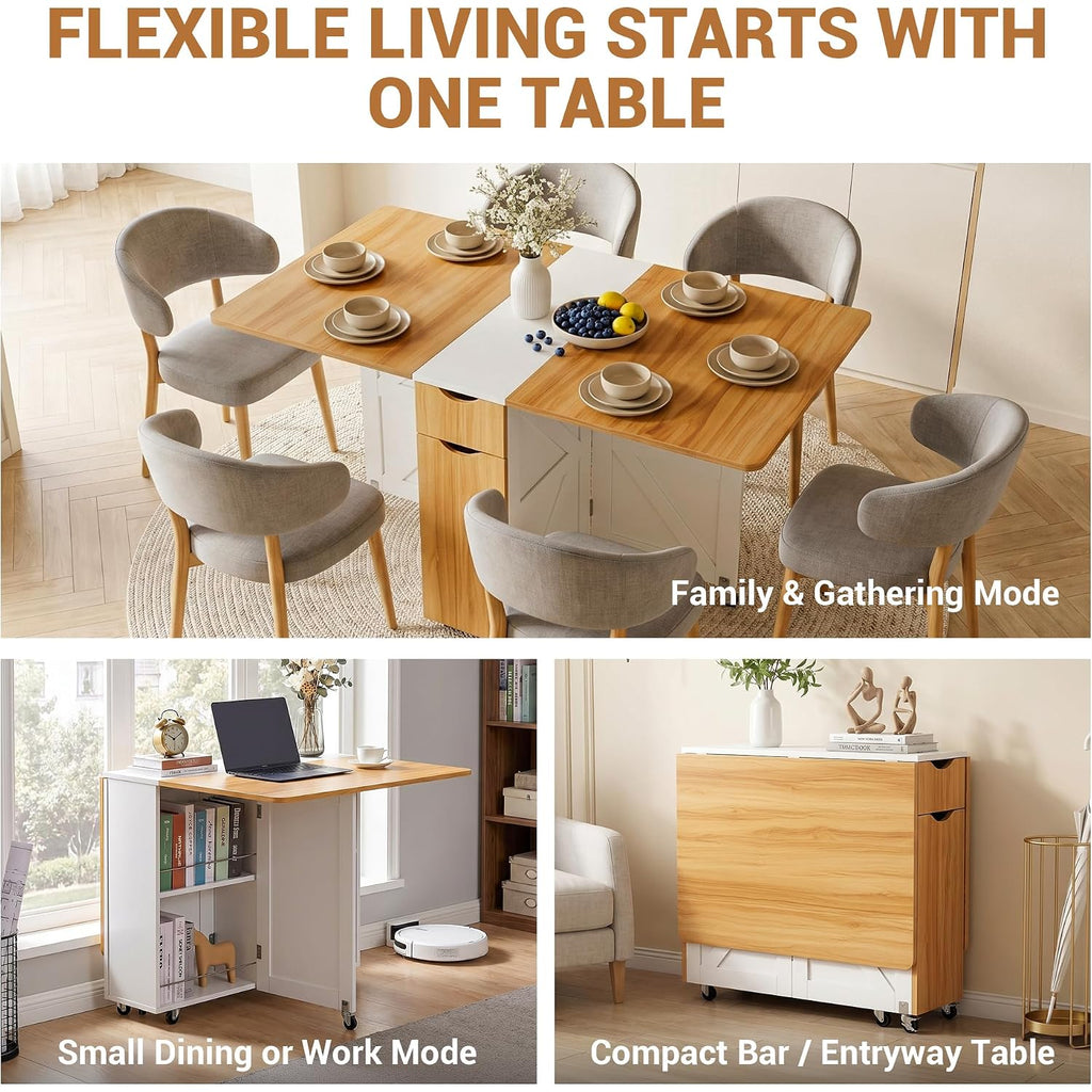53“ Folding Dining Table Space Saving Foldable Dining Table With Drawer, Shelves And Wine Racks, Drop Leaf Table For Small Spaces, Extendable Folding Kitchen Table With Lockable Wheels