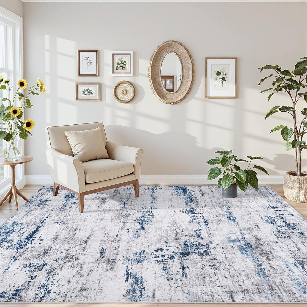 Area Rug Living Room Rugs: 5X7 Large Soft Indoor Carpet Modern Abstract Rug With Non Slip Rubber Backing For Under Dining Table Nursery Home Office Bedroom White Gray Blue