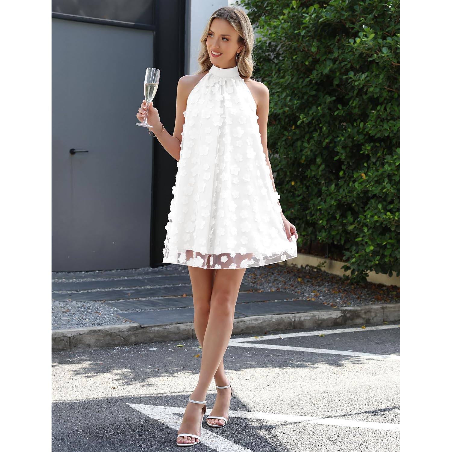 Gleeneat Womens Summer Halter Tulle Floral Bridal Shower Cocktail Wedding Guest Short Dresses A Line Sleeveless Mini Dress