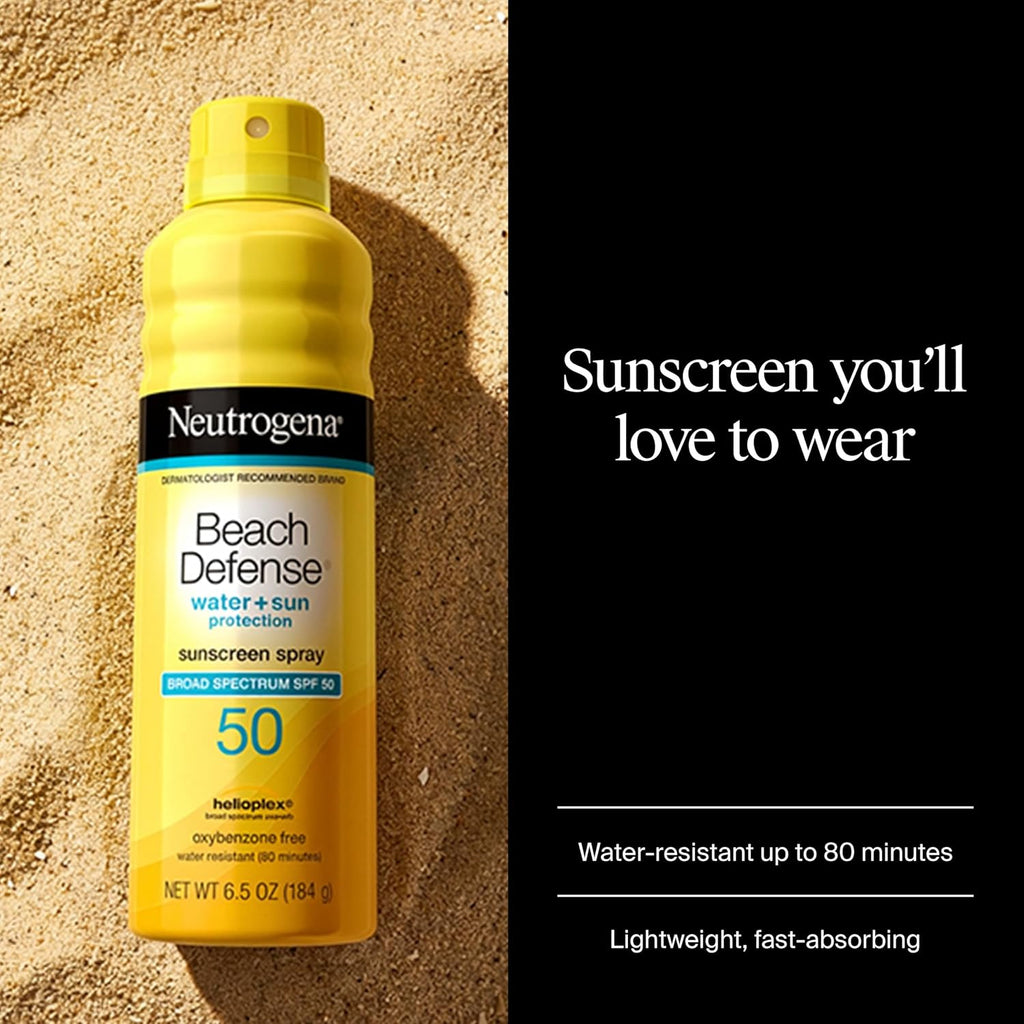 Neutrogena Beach Defense Sunscreen Spray Spf 50 Broad Spectrum Uva Uvb Protection Lightweight Water Resistant Up To 80 Minutes Oil-Free Beach-Strength Sun Protection For Whole Family, 6.5 Oz