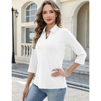 Akewei Womens 3/4 Length Sleeve Tops V Neck Casual Basic Tees Work Polo Shirts Collared Summer Top With Front Pocket