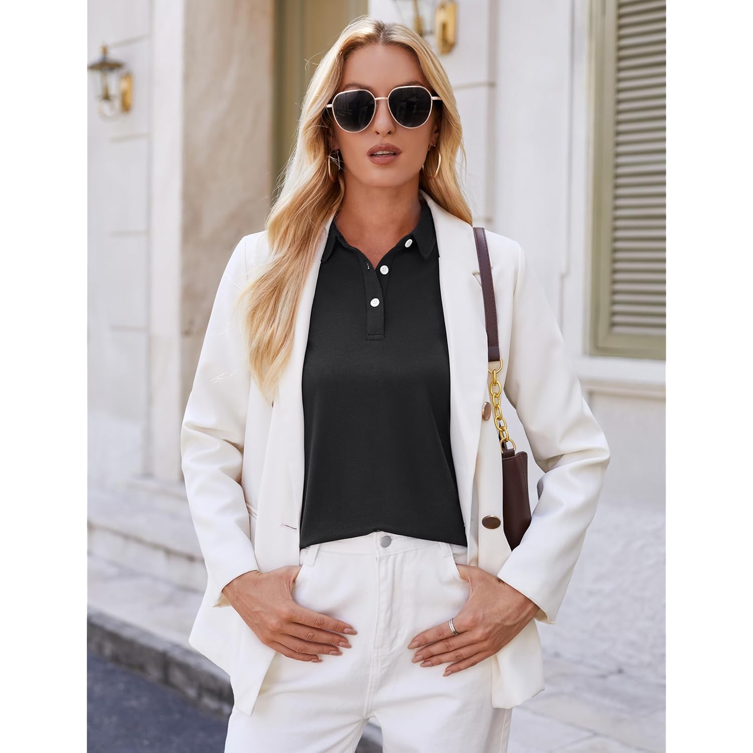 Women's Polo Shirts Short Sleeve V Neck Business Casual Tops Golf Collared 3 Buttons Summer Work Blouse