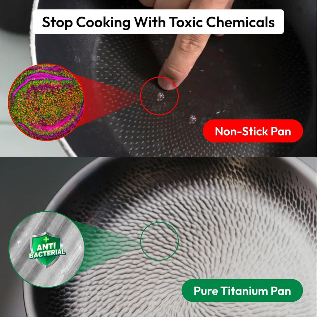 Plateful Titanium Pan For Cooking 11.5" - Pure, No Coating Non-Stick Titanium Cookware, Frying Pans, Hammered Pan, Safe For Oven, Induction & Cooktops Up To 750°F, Includes Lid