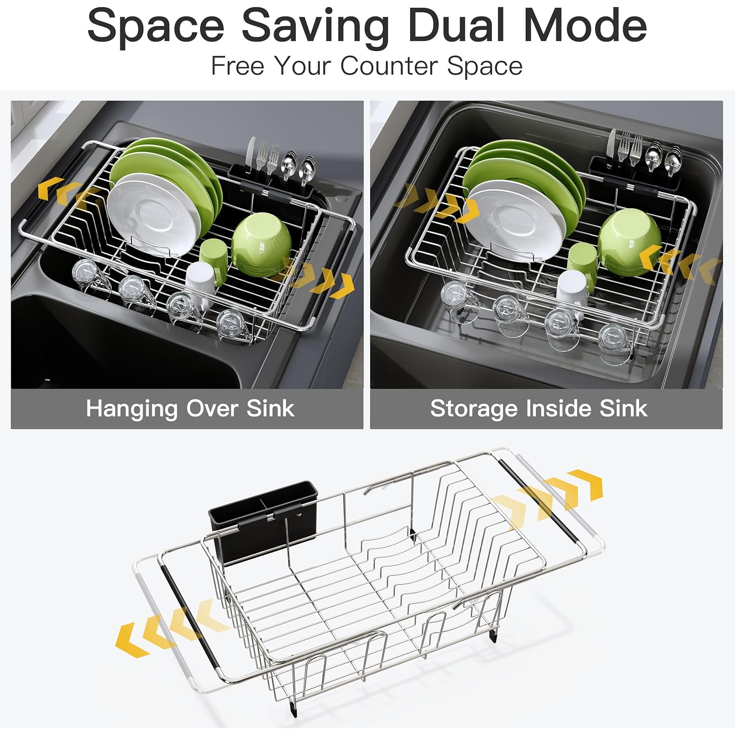 JASIWAY Dish Drying Rack in Sink, Expandable Stainless Steel Dish Drainers for Kitchen Counter, Dish Dryer Rack for Inside Sink, Over The Sink Dish Racks with Utensil Holder, Silver