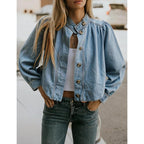 Women'S Denim Jacket With Puff Sleeves Button Down Jean Top Outfit Casual Vintage Shacket For Women