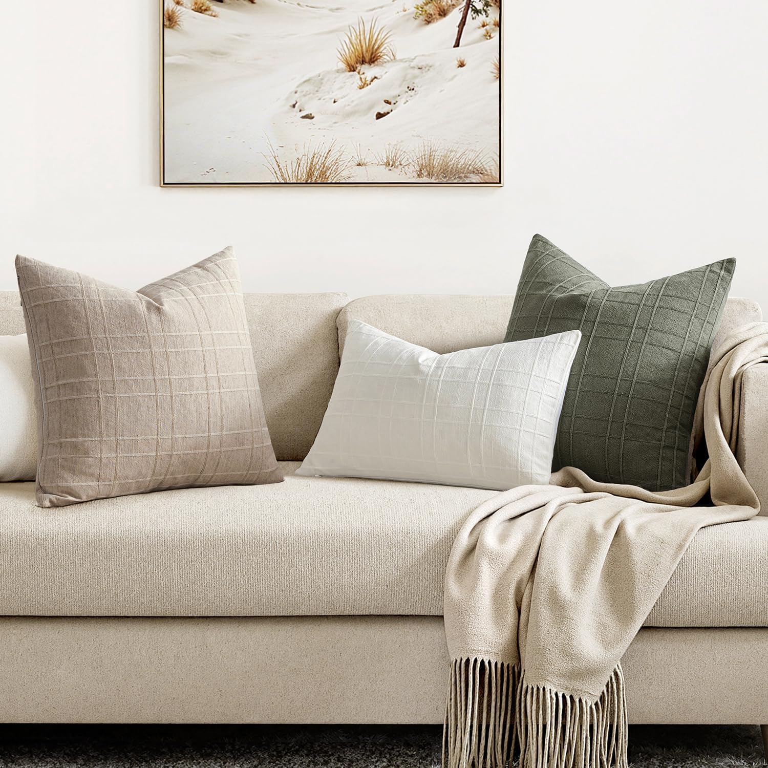 Miulee Decorative Linen Check Throw Pillow Covers Neutral Farmhouse Vintage Pillow Covers 20X20 Set Of 2 Boho Modern Home Decor For Sofa Couch Bedroom Cushion Natural Linen