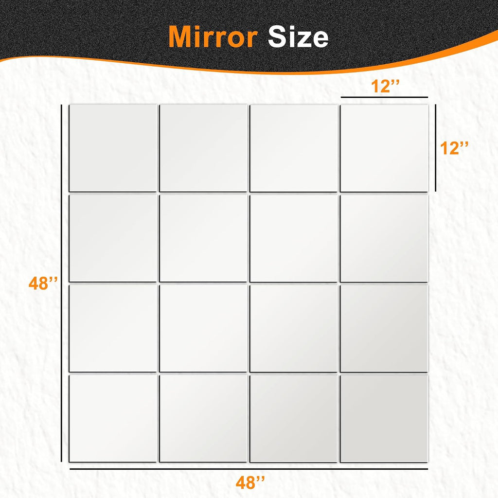 Home Gym Mirrors, 12'' X 12'' Glass Mirror Tiles, 16 Pcs | Square Large Wall Mirror, For Home Gym, Bedroom, Door, Bathroom, Frameless Mirror Sets