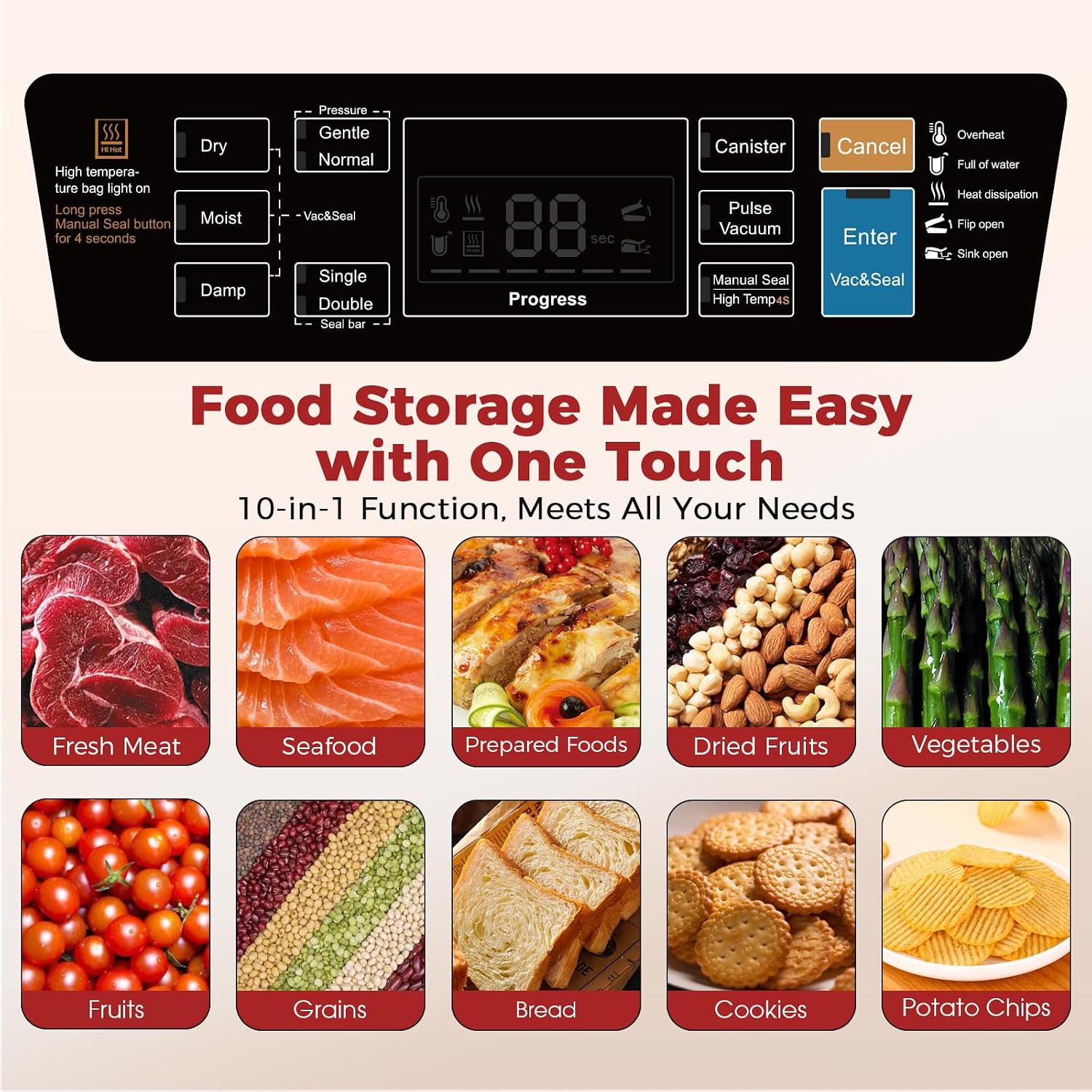 Vacuum Sealer Machine, Upgraded 230W 95Kpa 10-In-1 Food Sealer With Double Heat Seal For Dry Moist Food, Easy-Lock Handle, Hose, Built-In Cutter And Bag Storage + Bags (1 Roll + 10 Pre-Cut)
