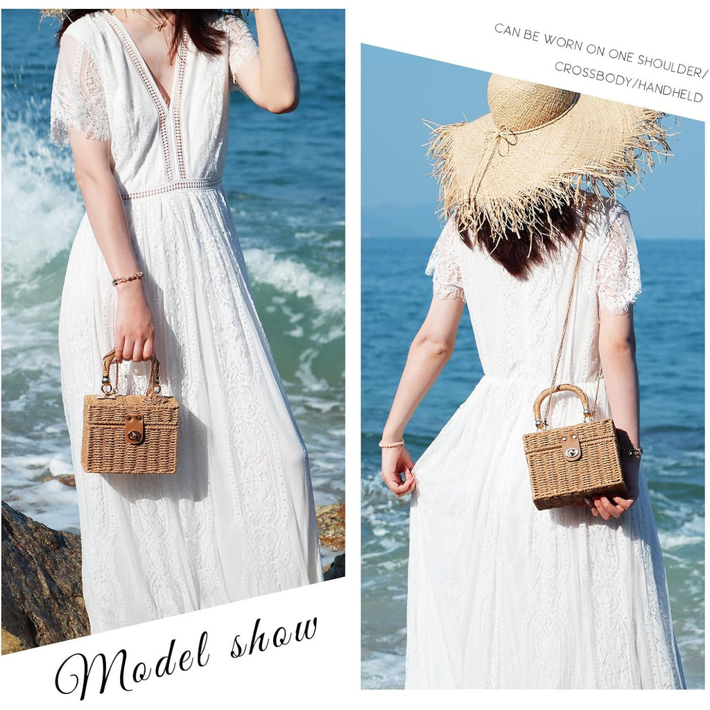 Kuang! Handwoven Rattan Bag For Women Woven Straw Square Crossbody Bag Vintage Basket Purse Beach Tote Bag