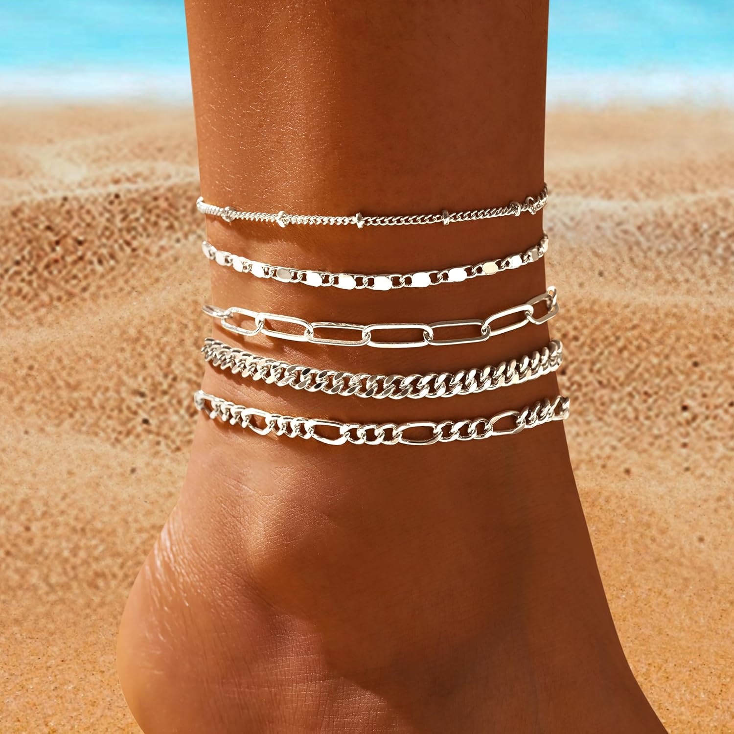 Gokeey Ankle Bracelets for Women, 14k Gold Plated Jewelry Set Waterproof Layered Cuban Figaro Link Chain Anklets Set Gold Anklets Summer Boho Beach Jewelry Gift Adjustable Size