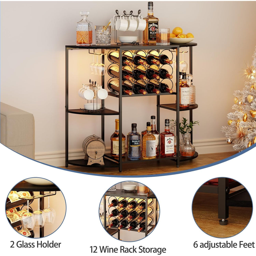 Wine Bar Cabinet With Led Lights, Mini Wine Bar Cart With Storage And Glass Holder, Home Bar Coffee Bar For Liquor, 3-Tier Bar Table For Kitchen, Dining Room, Living Room, Black