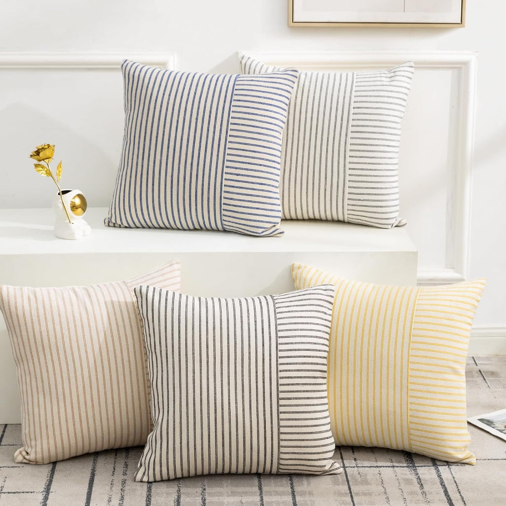 YCOLL Farmhouse Pillow Covers 18x18, Modern Accent Square Throw Pillow Covers Set of 2, Gray and Beige Striped Patchwork Linen Decorative Pillows Cushion Covers for Couch Chair Bedroom Home Decor