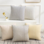 YCOLL Farmhouse Pillow Covers 18x18, Modern Accent Square Throw Pillow Covers Set of 2, Gray and Beige Striped Patchwork Linen Decorative Pillows Cushion Covers for Couch Chair Bedroom Home Decor