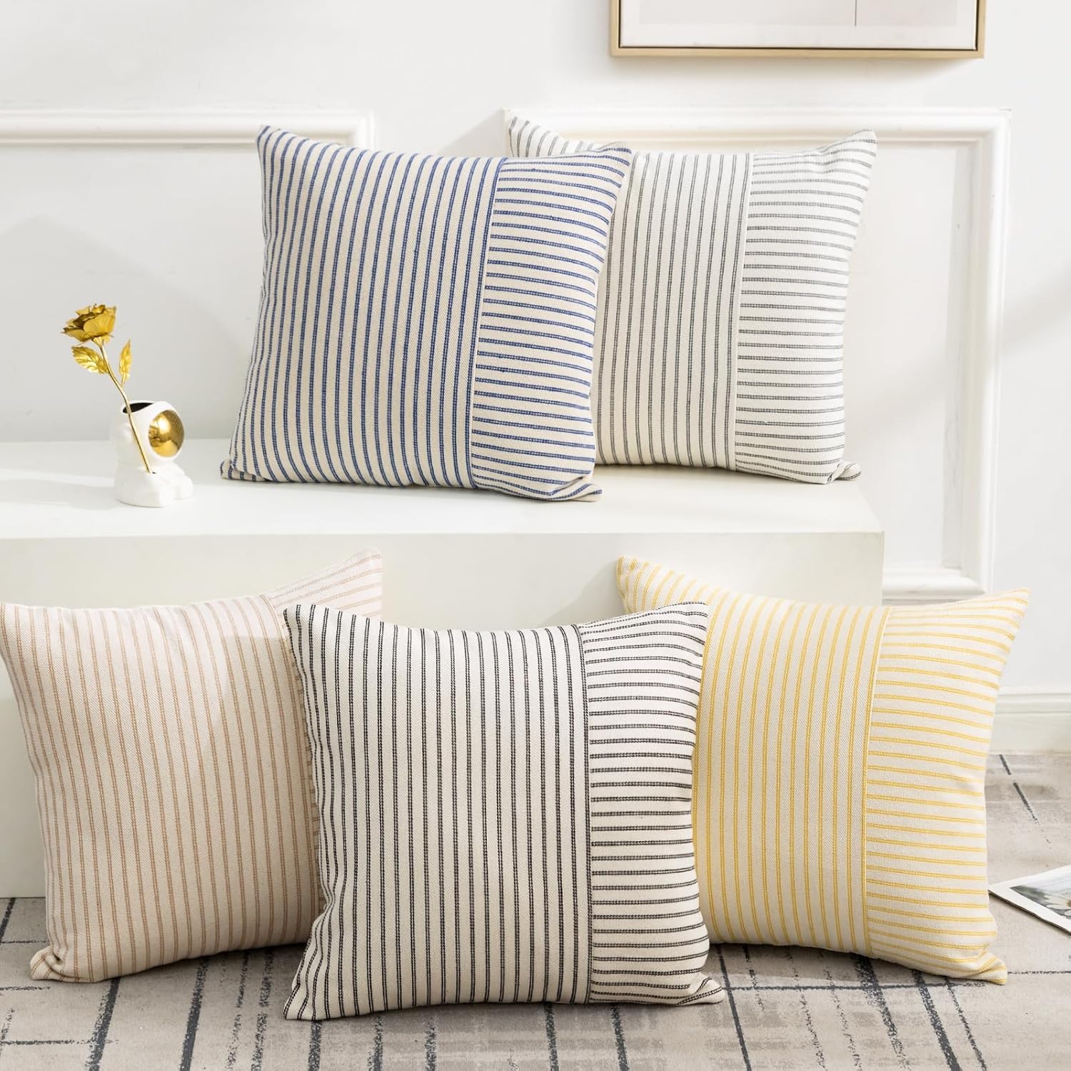 YCOLL Farmhouse Pillow Covers 18x18, Modern Accent Square Throw Pillow Covers Set of 2, Gray and Beige Striped Patchwork Linen Decorative Pillows Cushion Covers for Couch Chair Bedroom Home Decor