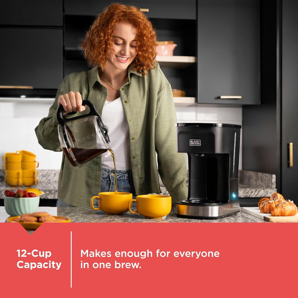 Black+Decker Cafécraft 12-Cup Coffee Maker, One-Switch Drip Coffeemaker With Vortex Showerhead Technology, Sneak-A-Cup, Keep Warm Function, Stainless Steel