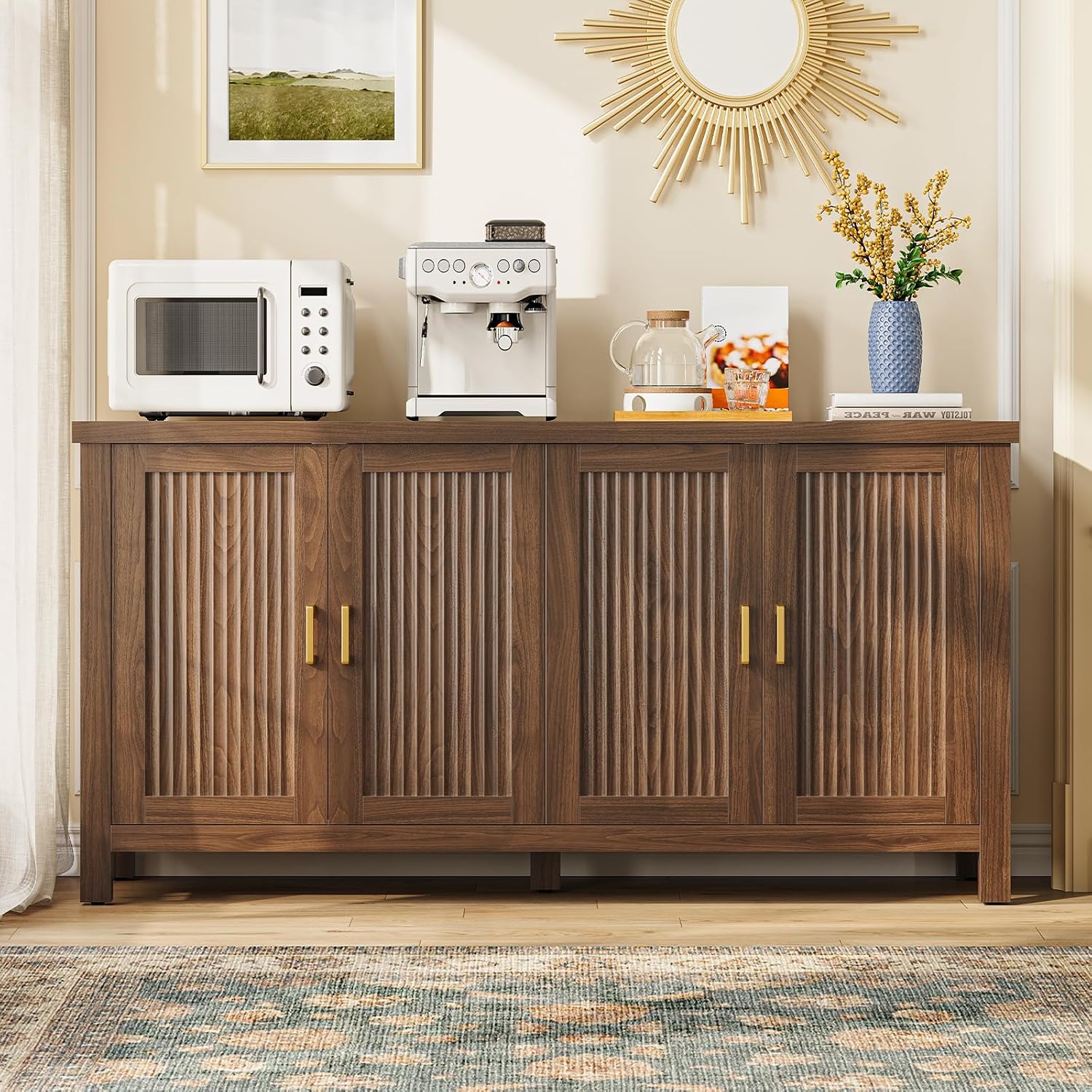 Buffet Cabinet With Storage, 55" Fluted Sideboard Cabinet With 4 Adjustable Shelves, Modern Coffee Bar With 4 Doors, Coffee Bar Cabinet For Kitchen, Living Room, Walnut