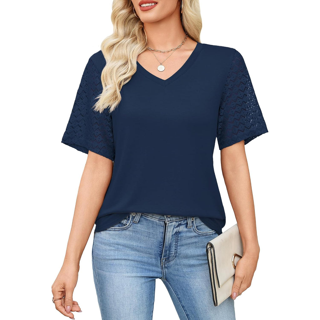 Women'S V Neck Casual Tops Lace Short Sleeve Summer Tunic Shirts For Women Loose Fit Breathable Cotton Blouses