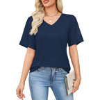 Women'S V Neck Casual Tops Lace Short Sleeve Summer Tunic Shirts For Women Loose Fit Breathable Cotton Blouses