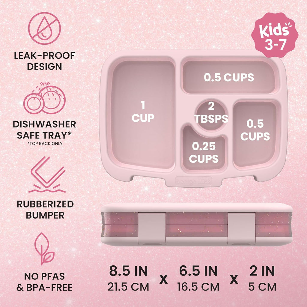 Bentgo Kids Bento-Style 5-Compartment Leak-Proof Lunch Box - Just-Right Portions Ages 3-7, Durable, Drop-Proof, Dishwasher Safe, Pfas & Bpa-Free & Made With Food-Safe Materials (Petal Pink Glitter)