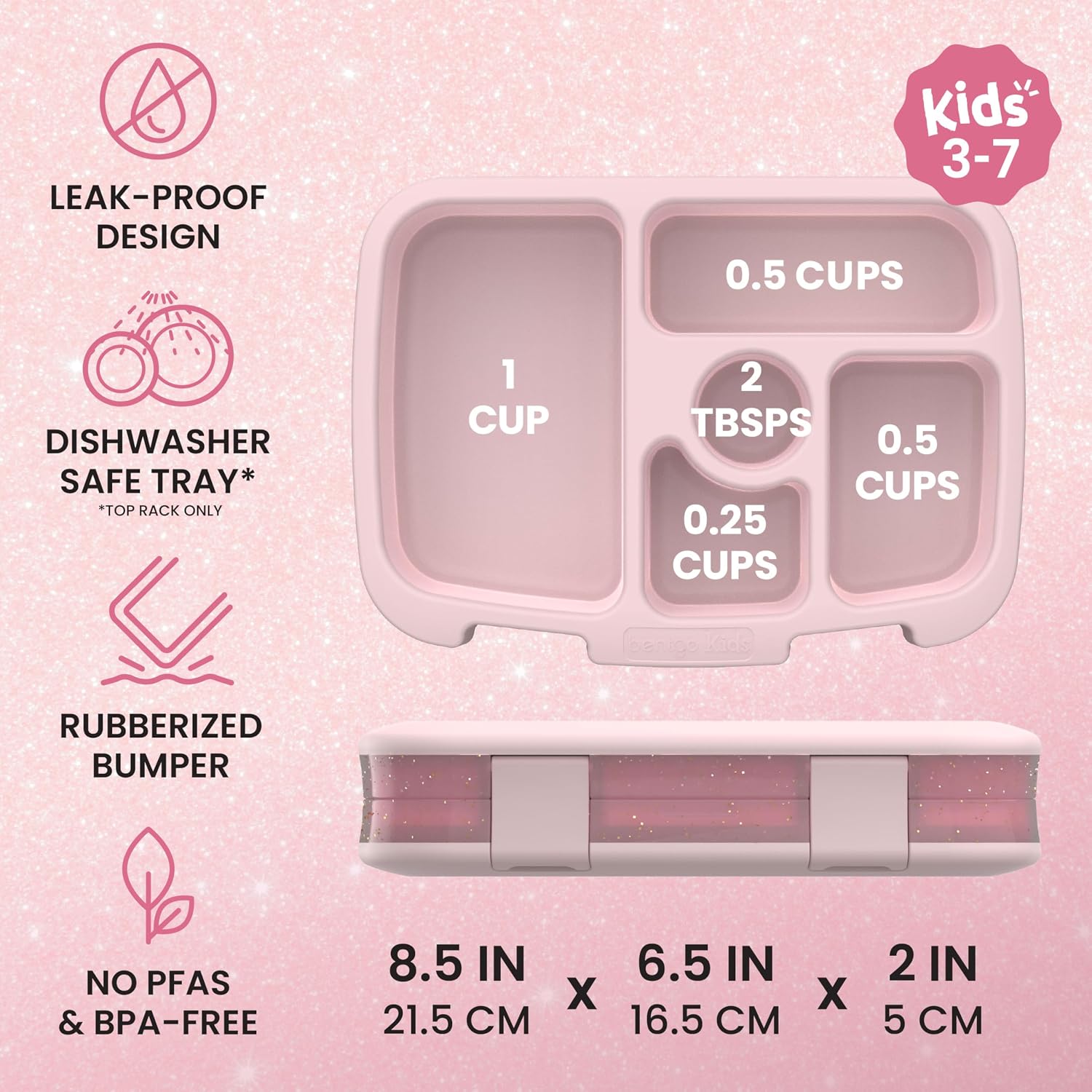 Bentgo Kids Bento-Style 5-Compartment Leak-Proof Lunch Box - Just-Right Portions Ages 3-7, Durable, Drop-Proof, Dishwasher Safe, Pfas & Bpa-Free & Made With Food-Safe Materials (Petal Pink Glitter)