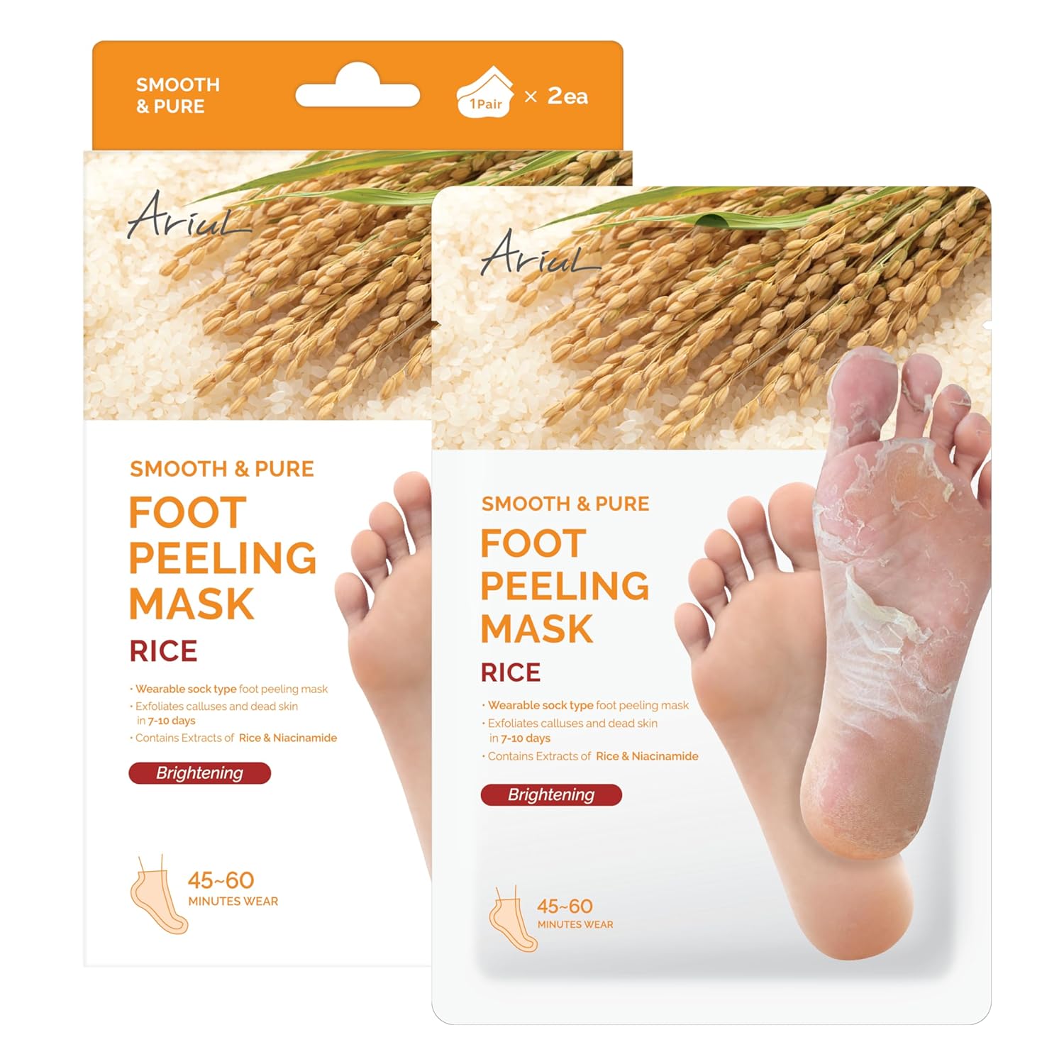 Ariul Smooth & Pure Foot Peel Mask, Nourishing Foot Peeling Socks for Dark, Dull Feet & Dead Skin Removal, Korean Skincare, 2 Pairs (Rice)