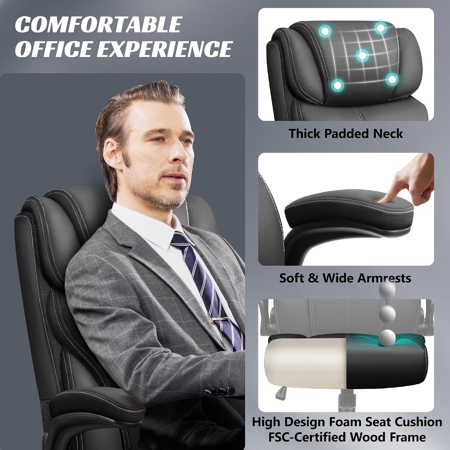 Office Chair, Ergonomic Big And Tall Computer Desk Chairs, Executive Breathable Leather Chair With Adjustable Flip-Up Armrests, Lumbar Support Swivel Pc Chair With Rocking Function,Matte Black
