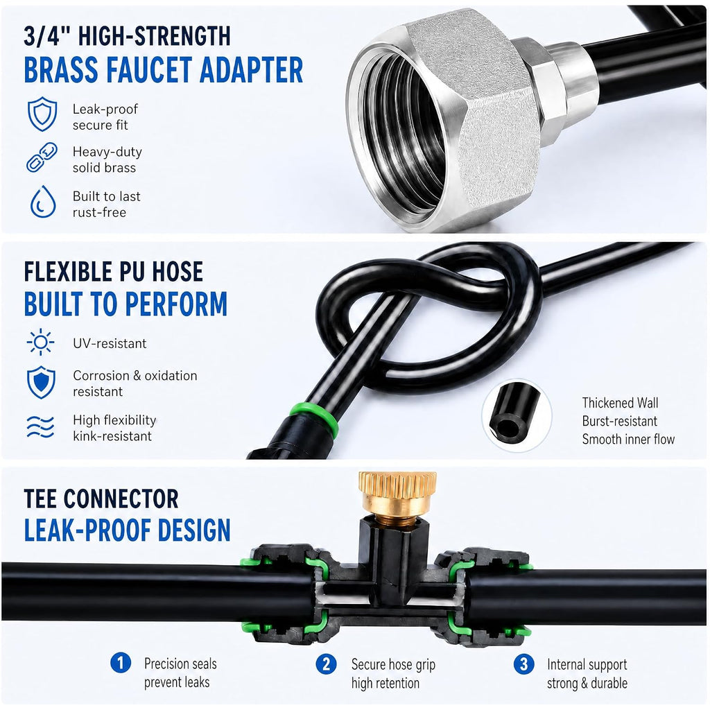 Misters For Outside Patio 63Ft(19.2M)+21 Brass Mist Nozzles+A Brass Adapter(3/4") Detachable Outdoor Misting Cooling System For Garden, Waterpark, Greenhouse, Backyard, Fan, Umbrella, Deck, Canopy