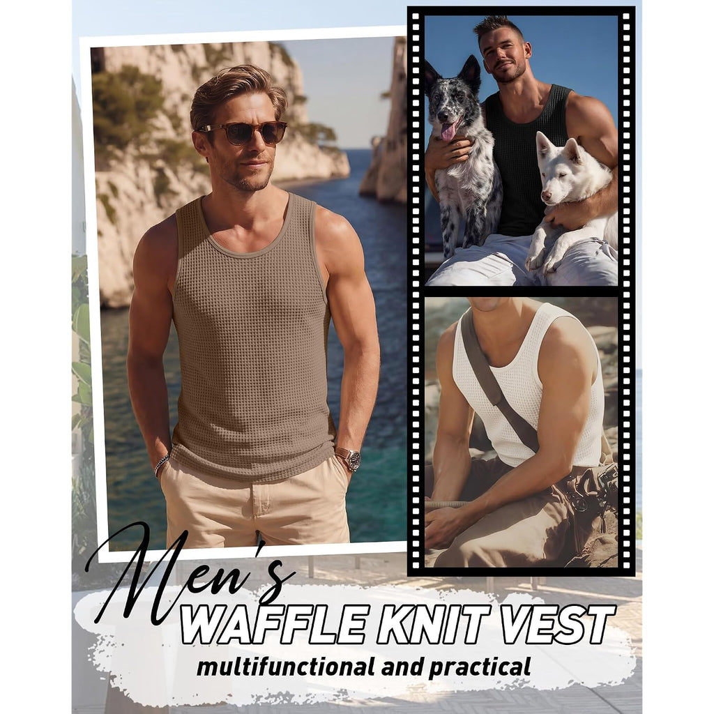 Riyiper 3 Pack Men'S Waffle Knit Tank Tops Casual Sleeveless Shirts Classic Beach Tank T-Shirts Summer Loose Muscle Shirts