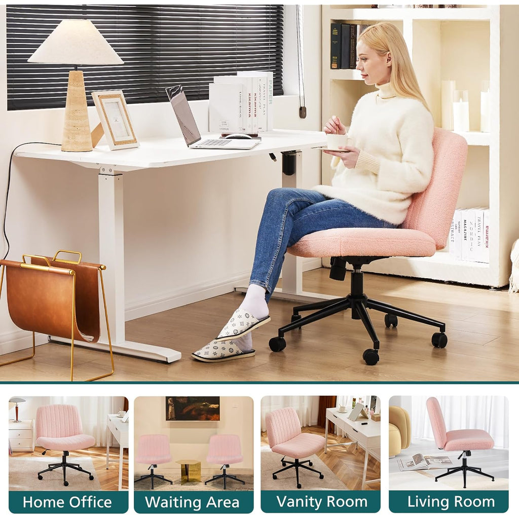 OLIXIS Criss Cross Chair with Wheels Wide Cross Legged Office Desk Vanity Chair Comfy Fabric Armless Adjustable Swivel for Home Computer Task Teddy Pink
