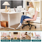 OLIXIS Criss Cross Chair with Wheels Wide Cross Legged Office Desk Vanity Chair Comfy Fabric Armless Adjustable Swivel for Home Computer Task Teddy Pink